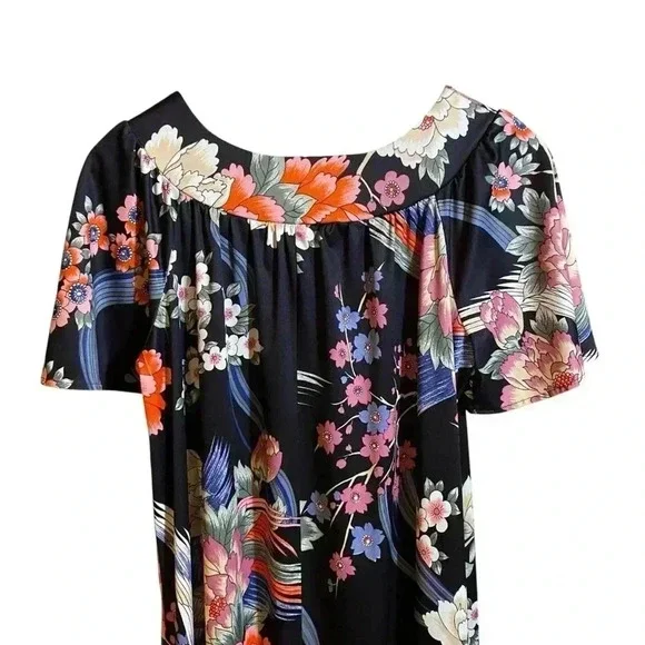 VGT HOMEWEAR By Sears Women's Dress Maxi Flutter Sleeves Black-Red Floral Print - Picture 5 of 12